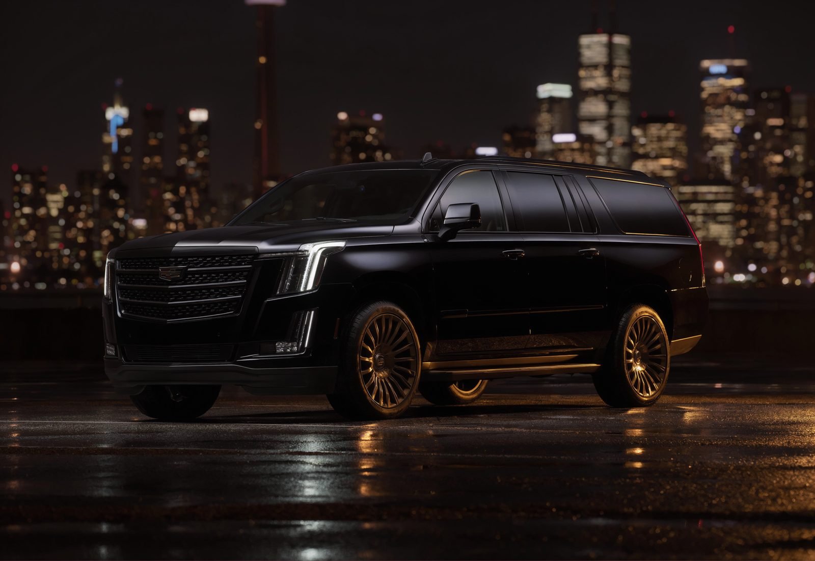 A black chauffeured SUV parked in front of a city skyline at night.